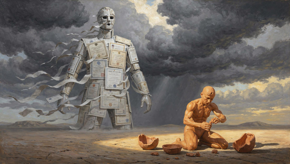 flux pro 2.0 A towering humanoid figure made entirely of stacked diplomas certificates and ac 5