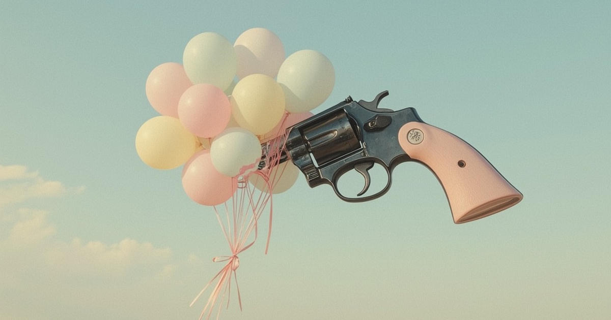 A vintage revolver melts into pastel balloons, its barrel softening to rubber and trigger dissolving to ribbon against a pale dreamy sky.