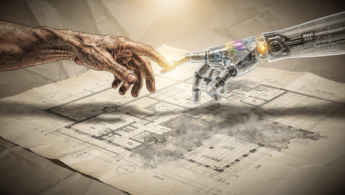 flux pro 2.0 A weathered human hand and a translucent mechanical hand touch fingertips remini 4