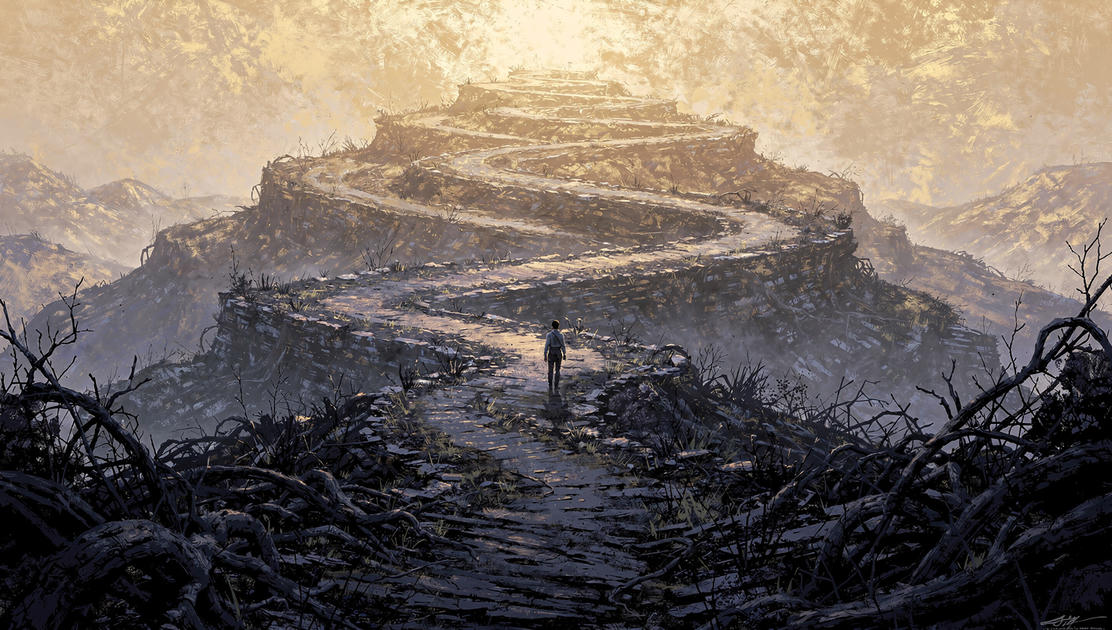 flux pro 2.0 A solitary figure seen from behind walking a winding path that spirals upward th 6