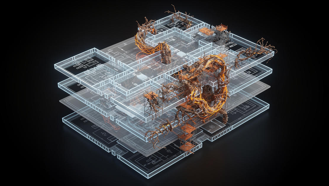 flux pro 2.0 A massive translucent architectural blueprint floating in negative space showing 7