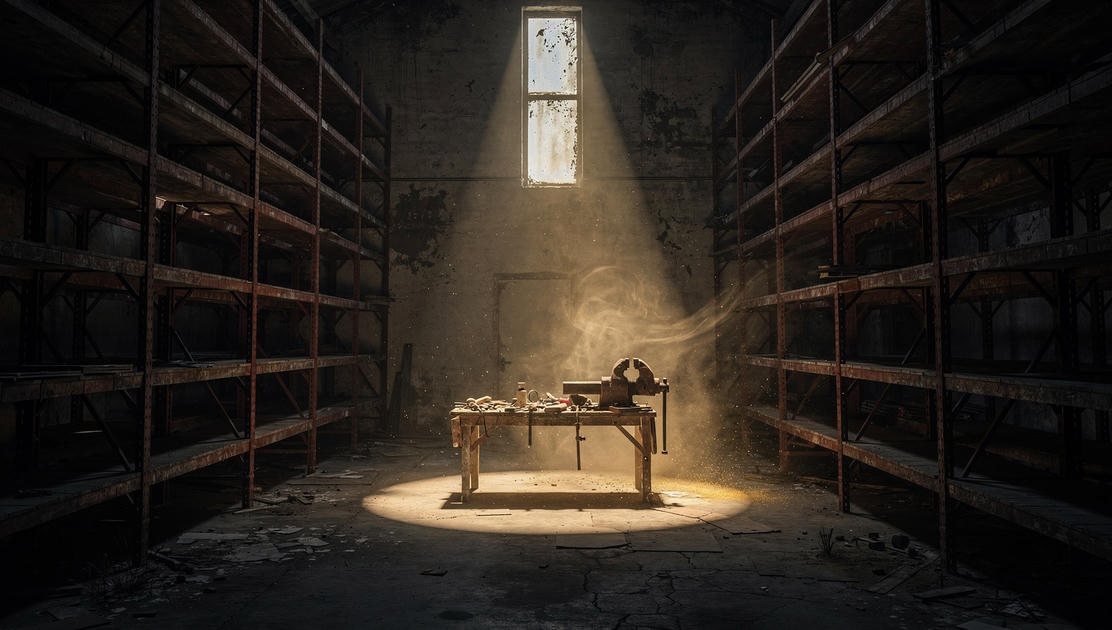 flux pro 2.0 An abandoned warehouse with empty metal shelving units stretching into shadow a 4