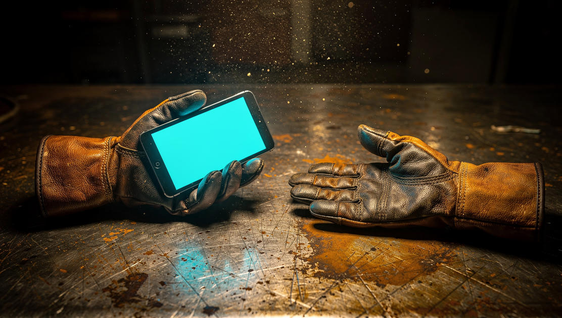flux pro 2.0 A pair of worn work gloves resting on a steel workbench one glove holding a smal 0