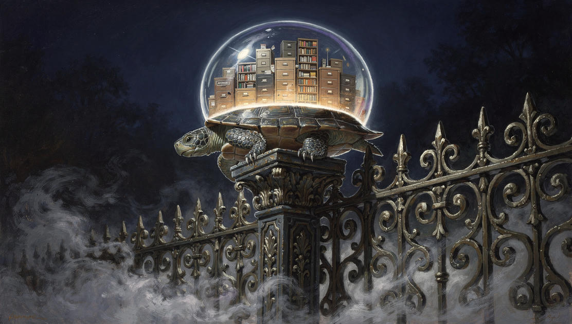 flux pro 2.0 A turtle balanced impossibly atop an ornate Victorian fence post its shell a tra 4