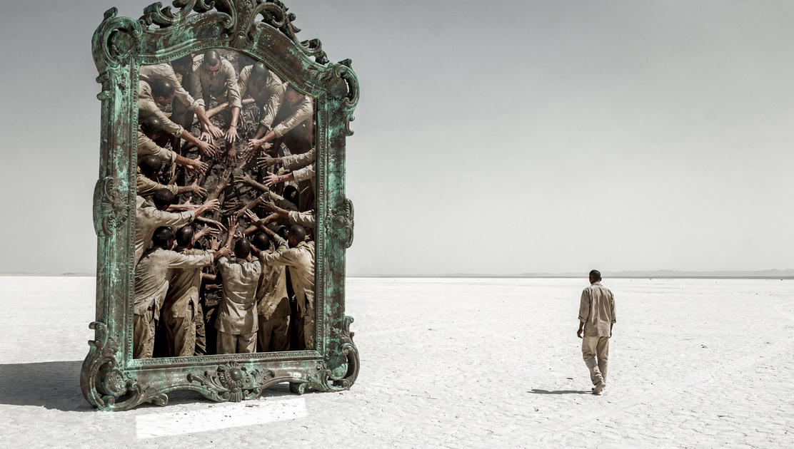 flux pro 2.0 A colossal bronze mirror standing in an empty desert its surface showing not a r 0