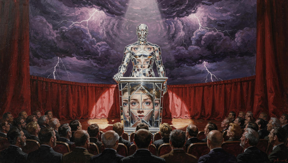 flux pro 2.0 A figure made entirely of mirrors stands at a podium and the anxious crowd befor 2