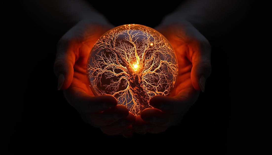 lucid origin Two hands cupped together holding a luminous sphere that contains swirling neura 6