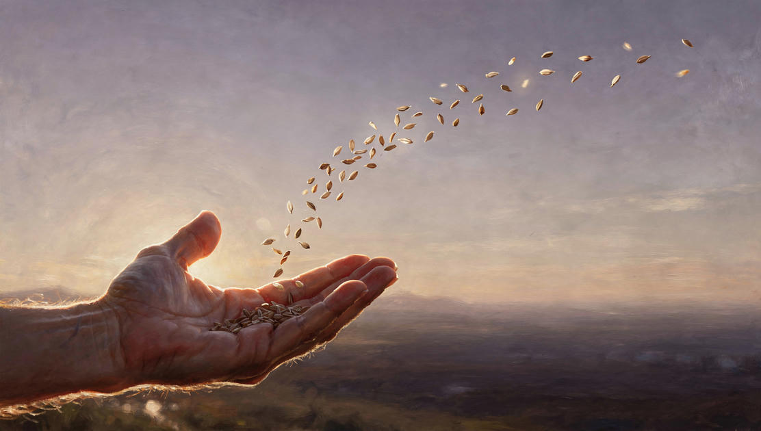 flux pro 2.0 An open palm releasing scattered seeds into a gentle wind current the seeds caug 5