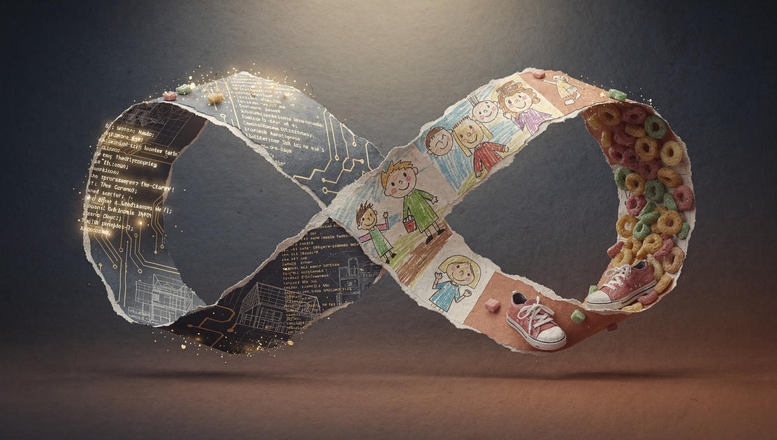 flux pro 2.0 Two intersecting orbits rendered as flowing ribbons one composed of glowing code 6