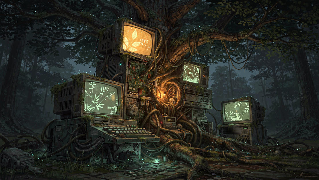 flux pro 2.0 A massive ancient tree growing through and around an abandoned mainframe compute 7