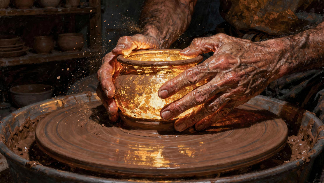 flux pro 2.0 A pair of weathered hands shaping raw clay on a potter s wheel luminous golden l 6