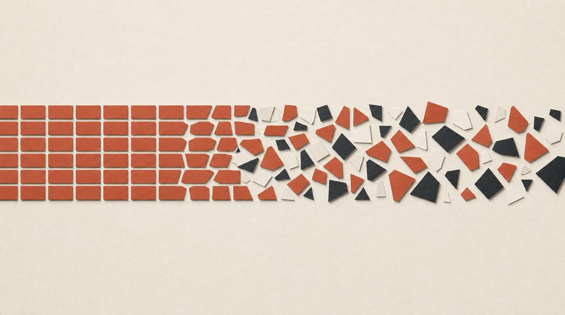 gpt image 2 A grid of perfectly identical rectangular blocks dissolving on one edge into irr 7