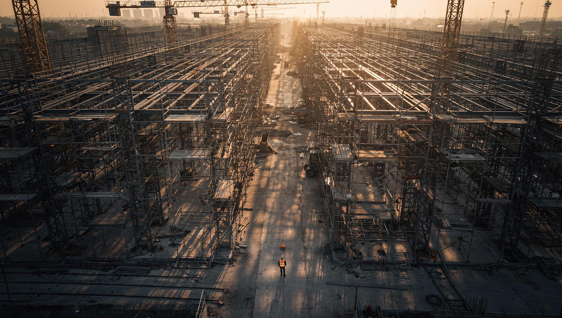 flux pro 2.0 An aerial bird s eye view of a vast construction site where towering scaffolding 7