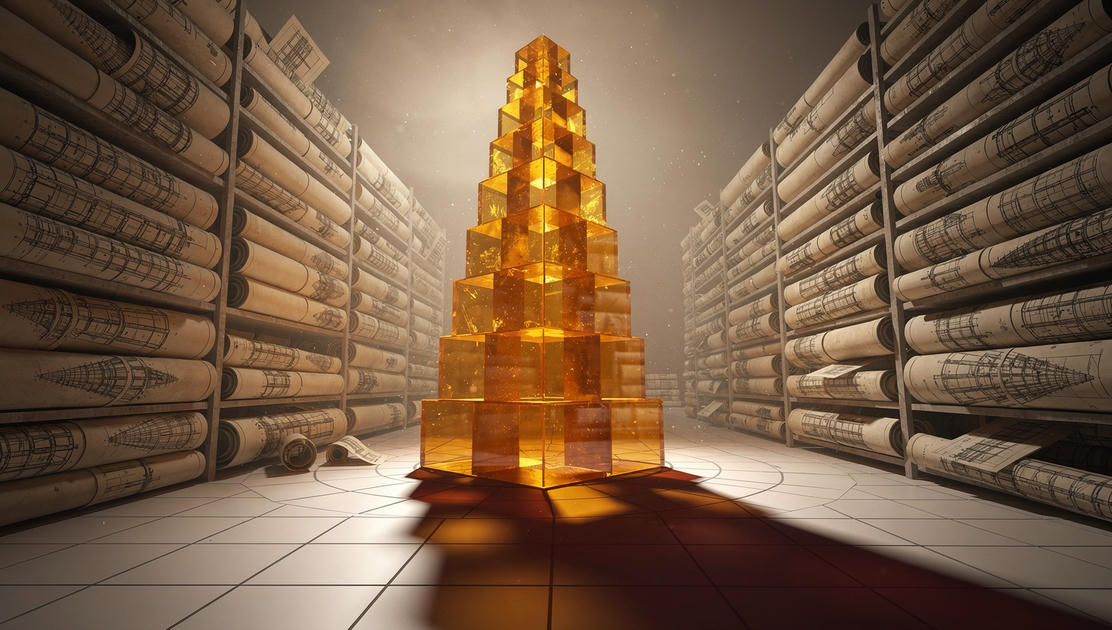 flux pro 2.0 A half constructed tower of translucent amber blocks rising from an infinite lib 6