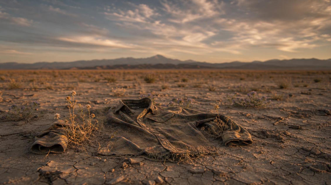 gpt image 2 A single weathered flannel shirt half buried in cracked desert earth with dried  5