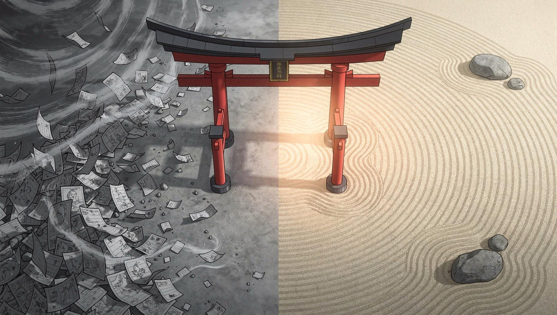 flux pro 2.0 A Japanese temple gate torii standing at the threshold between a chaotic storm o 0