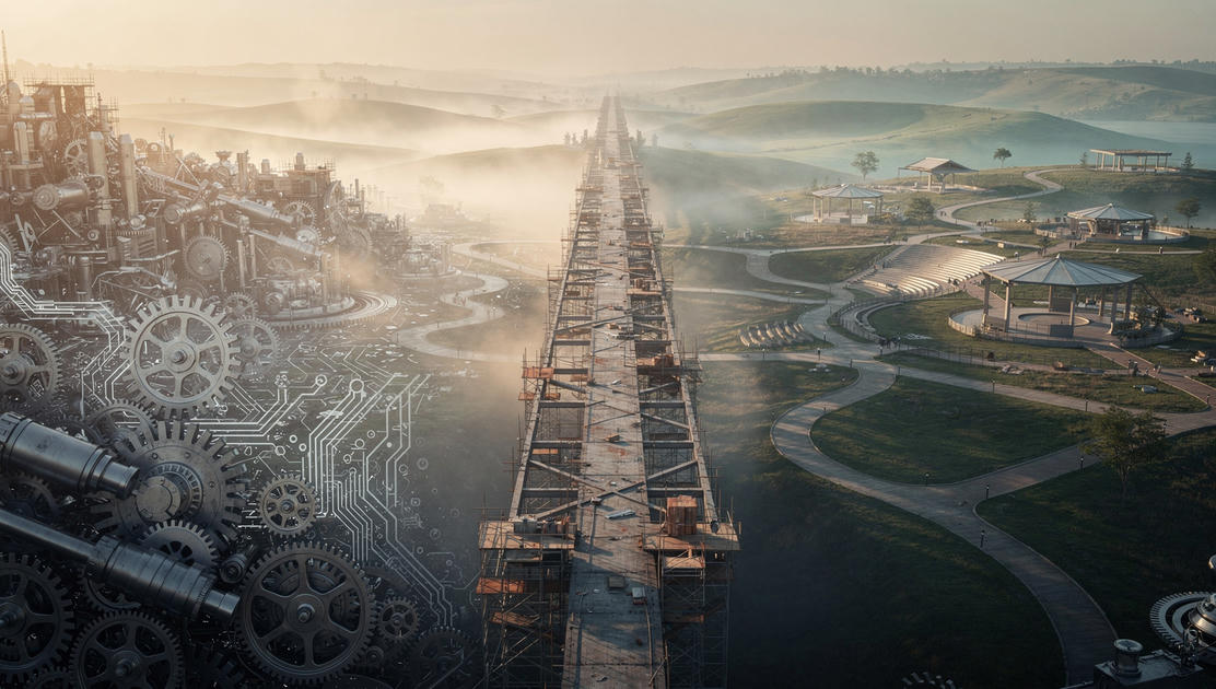 flux pro 2.0 A single bridge under construction spanning between two distinct landscapes—on 2